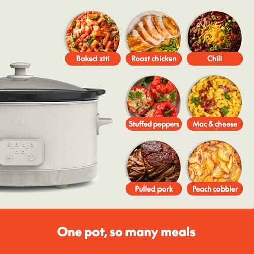 bella 6.0 Qt Programmable Slow Cooker, Ceramic Nonstick Coating, Adjustable Temperature & Cooking Times, Dishwasher Safe Stoneware Pot & Tempered Glass Lid, Tangle Free Cord Wrap, Oatmilk 5