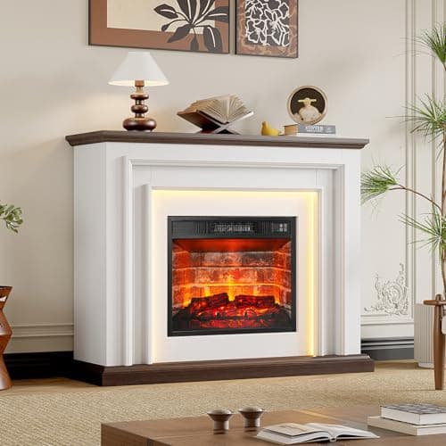 44 Inches LED Lights Electric Fireplace with Mantel, Tall Fireplace Heater Freestanding, Delicate Three-Dimensional molding with Remote Control Timer LED Flame for Living Room, Bedroom, White&Brown 6