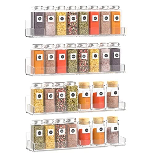 Sezanrpt Acrylic Wall Spice Rack Organizer, Seasoning Rack Shelf Organizer, Clear Wall Mounted Spice Rack Condiment Organizer with Additional Removable Middle Divider, 4 Pack…
