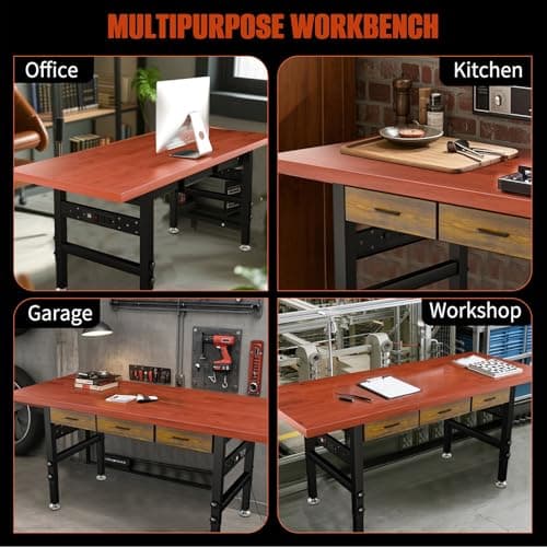 Work Bench, 60" Heavy Duty Workbench, Adjustable Height Work Table with Drawers & Power Strip, 2000LB Capacity, Solid Rubber Wood Garage Workbench, Wood Working Bench, Workshop Desk 7