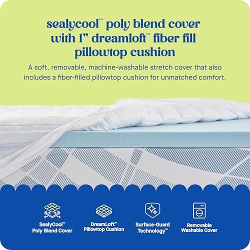 Sealy Dreamlife 3” Gel Memory Foam Queen Mattress Topper with 1” Quilted Cooling Cover, SealyComfort Gel Foam, SealyCool Poly Blend Cover 5