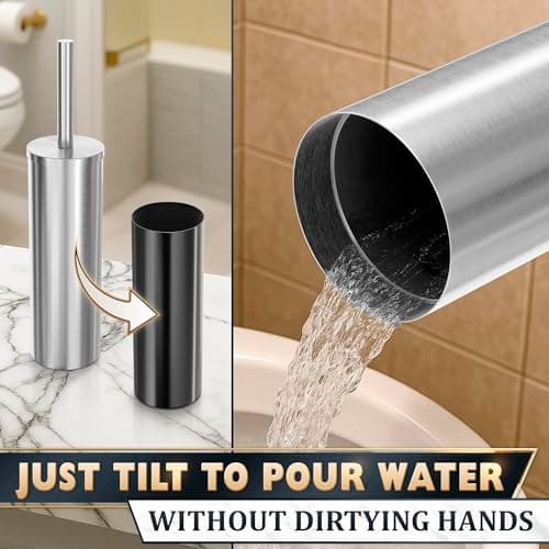 Stylish Stainless Steel Toilet Brush and Holder Set - Silver Toilet Bowl Brush and Holder with Splash Cover, Sturdy Bristles, Corrosion & Scratch Resistant - Elegant Design, Effective Deep Cleaning 8