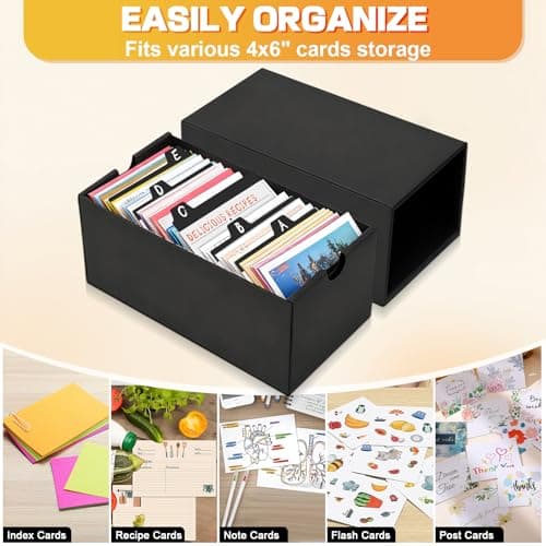aopule 4Packs 4x6 Index Card Box,Index Card Organizer Box with Lid,Hold 4000 Cards,Black Recipe Holder for 4''x6'' Notecard Recipe Flashcard Card 5