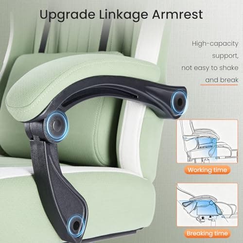 Sweetcrispy Computer Gaming Chair - High Back Ergonomic Desk Chair with Footrest and Lumbar Support, Height Adjustable Task Chair with Linkage Armrests and Headrest, 360° Swivel Wheels, Green 7