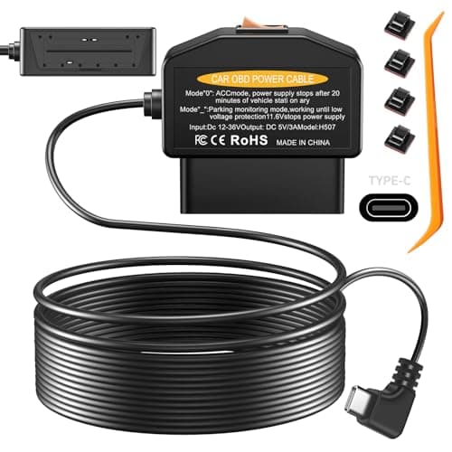 OBD2 OBD Power Cable for Dash Camera, OBD to Type-C USB OBDII Adapter Hardwire Charger Cable 24 Hours Surveillance and Acc Two Mode with Switch Button and Low Voltage Protection, 12-36V to 5V/3A 9