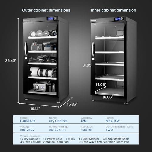 FORSPARK 125L Dual-Core Camera Dehumidifier Dry Cabinet, Quiet Humidity Control Storage with Lock & 4 Adjustable Shelves for DSLR, Lenses, Drones, Studios, Collectibles - 15W Energy Efficient, Black 8