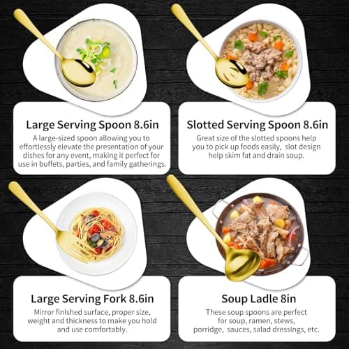 Gisly Gold 12 Pieces Serving Utensils Include Large Serving Spoons,Slotted Serving Spoons,Serving Forks,Serving Tongs,Appetizers Tongs,Soup Ladle and Pie Cake Server for Buffet Catering 7