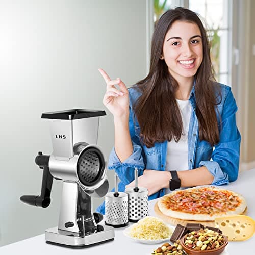 LHS Rotary Cheese Grater Stainless Steel Manual Handheld Cheese Shredder Grater Walnuts Grinder with 3 Interchangeable Drum Blades for Chocolate, Cheese and Nuts-7.7 Inch High 7