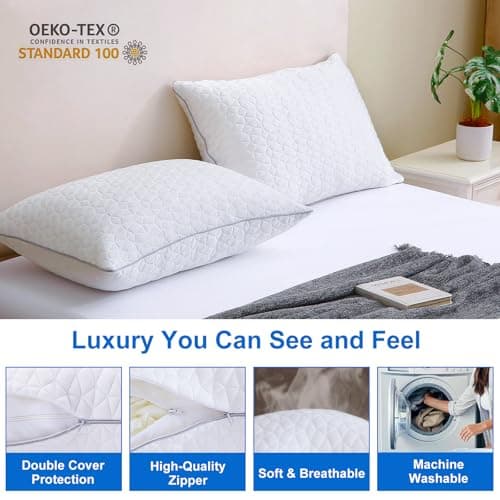 Cooling Pillows Queen Size Set of 2, Shredded Memory Foam Pillows, Adjustable Firm Bed Pillows Cool Cold Pillow for Hot Side Back Stomach Sleepers with Removable Washable Cover, 20" x 30", White 7
