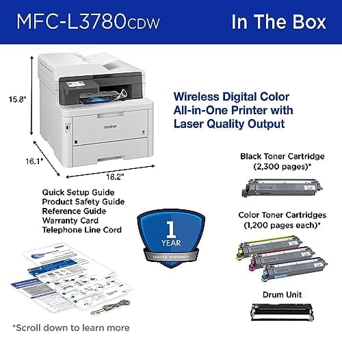 Brother MFC-L3780CDW Wireless Digital Color All-in-One Printer with Laser Quality Output, Single Pass Duplex Copy & Scan | Includes 2 Month Refresh Subscription Trial, Works with Alexa 7