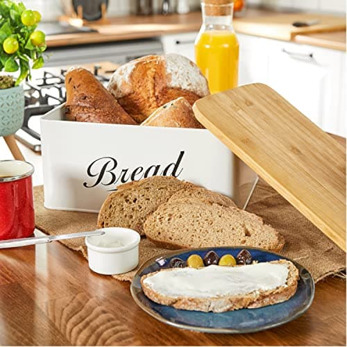 RoyalHouse Modern Metal Bread Box with Bamboo Cutting Board Lid, Bread Storage Container for Kitchen Counter, Vintage Kitchen Decor Organizer 5