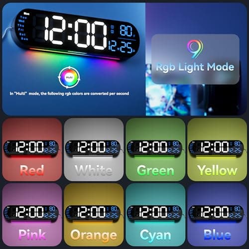 ANALOI Digital Wall Clock Large Display, 13.7 inch Large Digital Wall Clock with RGB Color Changing Remote Control, Date Week Temperature DST, Auto Brightness Dimmer Big Clock with Night Lights 5