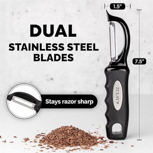 Zulay Kitchen Premium Vegetable Peeler for Kitchen - Swivel Peeler with Razor Sharp Stainless Steel Blades & Strong Ergonomic Handle - Dishwasher Safe, Easy To Use with Blemish Remover - Black 5