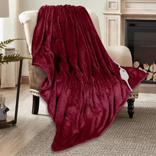 DAILYLIFE Heated Blanket Electric Throw Blanket, 50" x 60" Flannel Heating Blanket with 6 Heat Settings and 3 Hours Auto-Off, Couch Chair, Machine Washable, (Red, 50" x 60", Flannel)