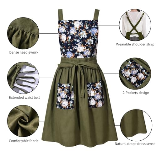 Pinknoke Vintage Pinafore Apron Dress for Women with Pockets Cute Floral Chef Aprons for Kitchen Cooking Baking Gardening (Olive Green) 5