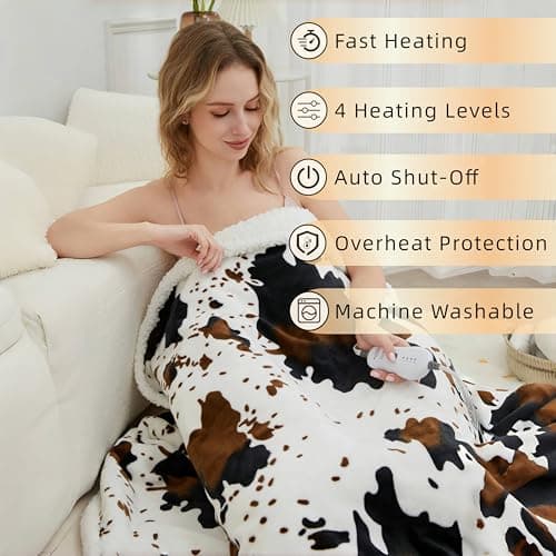 Heated Throw Blanket Cow Print Electric Blanket, Heating Blanket with 4 Heat Levels & 4-Hour Auto Shut-Off, Soft Flannel Sherpa Electric Throw, Machine Washable (White Cow Print, Throw) 6