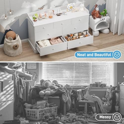 Vabches Kids Dresser Cabinet with 7 Drawers and Large Table Top, Multi-Functional Chest of Drawers, Baby Dresser, Kids Bedroom Furniture, Nightstand for Child’s Room, White 7