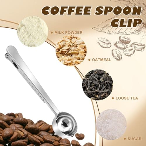 Quacc Stainless Steel Coffee Scoop with Bag Sealing Clip, 2-in-1 Coffee Measuring Scoop for Coffee Beans, Milk Powder, Loose Tea, Spices (Silver) 5