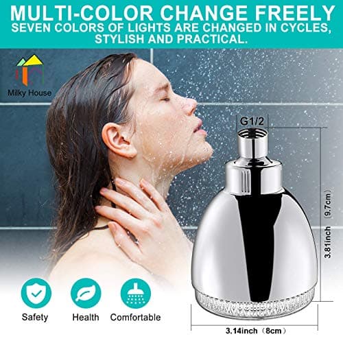 LED Shower Head, Shower Head with Light, 7 Color Flash Light Automatically Changing LED Fixed Showerhead for Bathroom Adjustable High Pressure Rain Shower Head Light up for Kid Adult Easy Installation 6