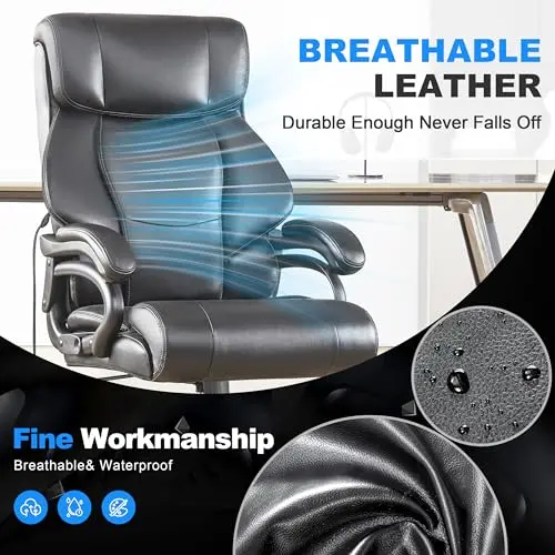 Huatean Home Big and Tall Office Chair 500LBS for Back Pain Relief, Executive Heavy Duty Office Chair for Heavy People, Breathable Leather, Ergonomic, Long Hours Sitting, Black 7