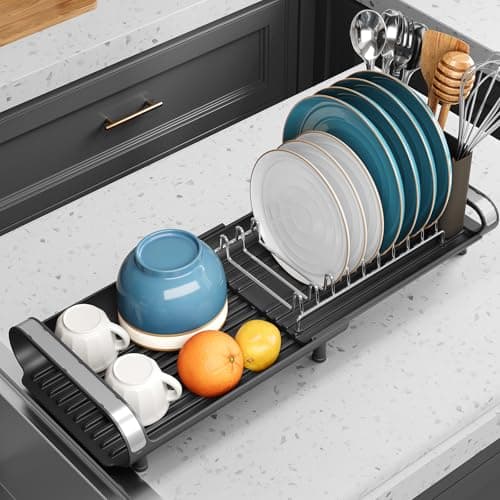 Small Dish Drying Rack, Mini Expandable Compact Dish Rack, Slim Extendable Stainless Steel Dish Drainer for Kitchen Plate Storage, Space Saving Dish Strainer in Sink or on Home Countertop, Black 7