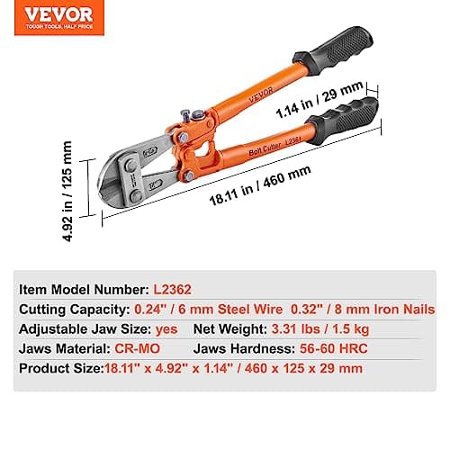 VEVOR Bolt Cutter, 18" Lock Cutter, Bi-Material Handle with Soft Rubber Grip, Heavy Duty Bolt Cutter, Chrome Molybdenum Alloy Steel Blade, for Rods, Bolts, Wires, Rivets, Cables, and Chains 7