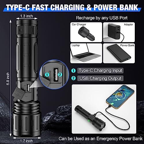 LED Flashlights High Lumens Rechargeable, 100000 Lumens Super Bright Powerful Flashlight, Type-C, 5 Modes, Zoomable, IPX5 Waterproof High Powered Tactical Flash Light for Emergency Camping Hiking 5
