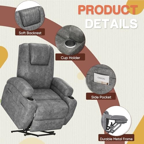 Electric Power Lift Recliner Chair with Massage for Elderly Corduroy Fabric Recliner Single Sofa with Cup Holders, Side Pockets and Remote Control for Living Room Bedroom (Leathaire, Light Gray) 5