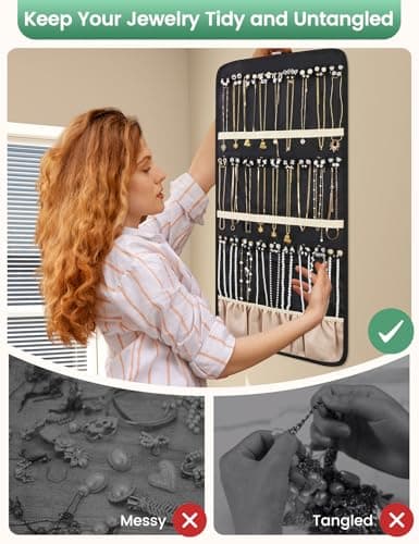 Carbrea Hanging Jewelry Organizer - Large Double-Sided Jewelry Storage Butterfly Necklace Holder Earrings Holder Organizer with Metal Hook for Door Closet Wall - Black 6