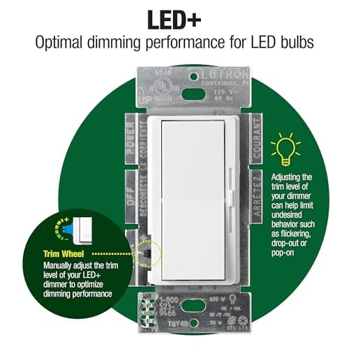 Lutron Diva LED+ Dimmer Light Switch for Dimmable LED, Halogen, and Incandescent Bulbs, 150 Watt, Single-Pole or 3-Way, DVCL-153P-WH, White 11