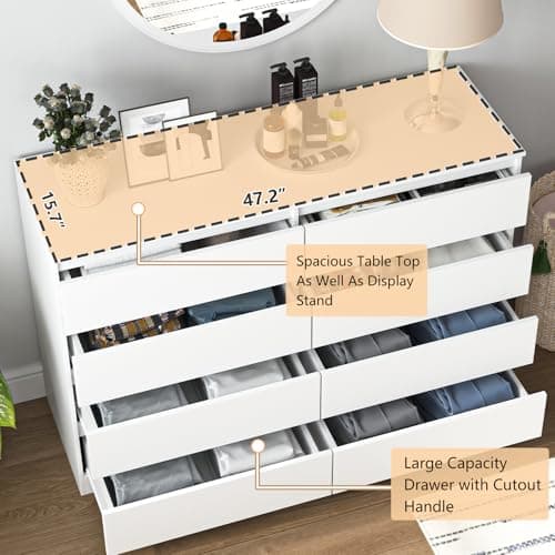 Vibe & Dine 8 Drawer Double Dresser, Modern Chest of Drawers with Wide Storage for Closet, Bedroom, Living Room, White 5