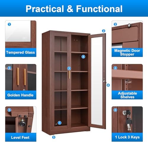Polup Glass Display Cabinet, Display Case with Glass Doors and Shelves, Metal Curio Cabinets with Locking, 71" Tall Bookcase with Glass Doors for Home, School, Clinic (Wood Color)- Assemble Required 7