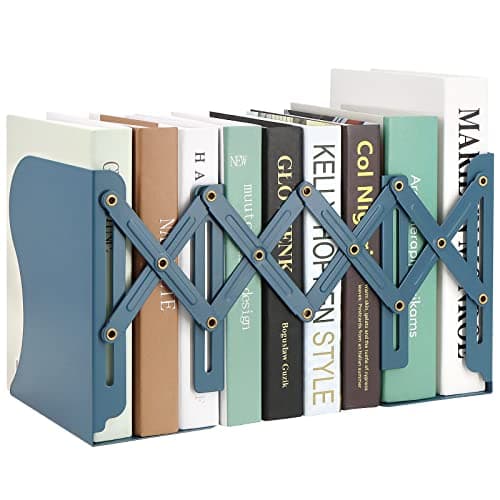 Adjustable Bookends, Book Holders for Shelves, Metal Book Ends for Heavy Books, Extends Up to 17 Inches Used in Office, Desk and School (Blue)