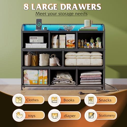 WLIVE Led Dresser for Bedroom, Black Dresser TV Stand for Bedroom with LED Lights and Power Outlet, Wide Chest of Drawers for Hallway, 8 Fabric Drawers for Living Room and Entryway, Easy to Assemble 5