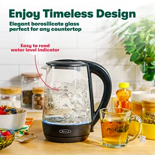 bella 1.7 Liter Glass Electric Kettle, Quickly Boil 7 Cups of Water in 6-7 Minutes, Soft Blue LED Lights Illuminate While Boiling, Cordless Portable Water Heater, Carefree Auto Shut-Off, Black 6