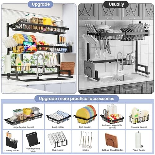 ADBIU Over The Sink Dish Drying Rack (Expandable Height and Length) Snap-On Design 2 Tier Large Dish Rack 31-39.4L x 12W x 34-38H inches 5