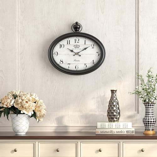 Ddysins Retro Oval Wall Clock. Black Vintage Antique Style. Battery Operated Decor Wall Clocks for Farmhouse, Living Room,Kitchen,Bedroom,Bathroom (10.5" H x 11.3" W) 7