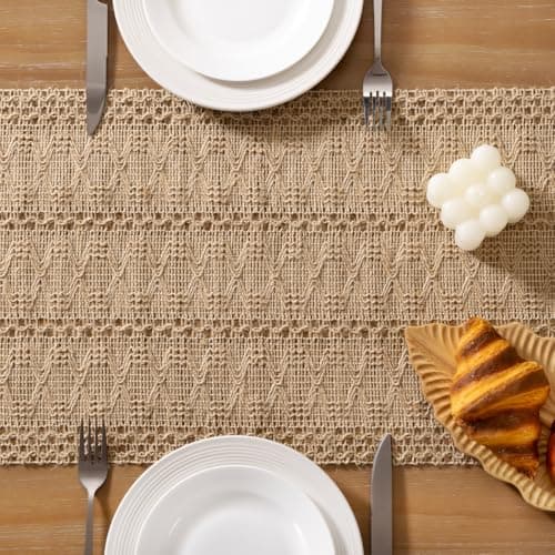 Socomi Boho Table Runner Easter Spring Farmhouse Burlap Jute Bamboo Rustic Dining Kitchen Centerpiece Decor Small Macrame Woven Coffee Table Runner for Dresser Scarf Home Decor 12x48 inch 5