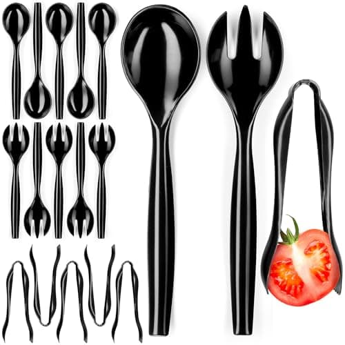 Disposable Plastic Serving Set - 18 Black Utensils, 6" Tongs, 10' Spoons, 10' Forks, Buffet & Party Use