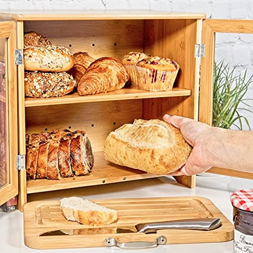 LuvURkitchen Large Wooden Bread Box For Kitchen Countertop, Comes With Thick Bamboo Cutting Board And Stainless Steel Bread Knife. Rustic Bamboo Bread Box With Adjustable Shelf. (easy Self-assembly) 5