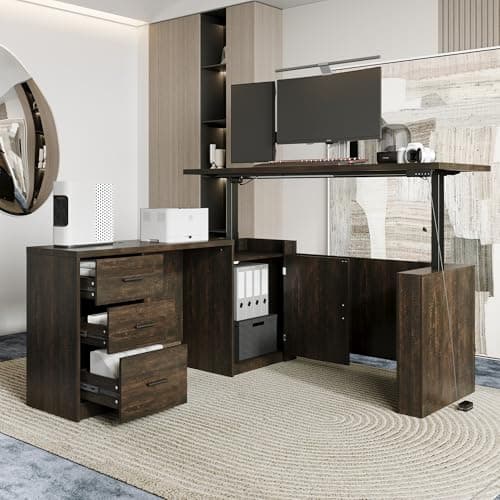 Homsee 63" W L-Shape Standing Desk with Storage Cabinet, Electric Height Adjustable Corner Stand Up Computer Desk with Drawers for Home Office, Brown