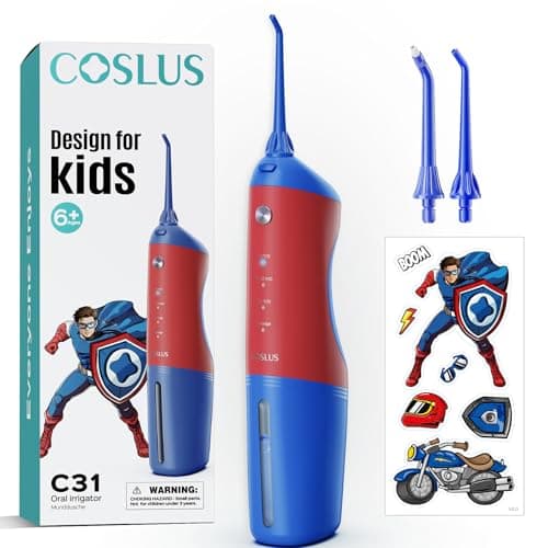 COSLUS C31 Kids Water Dental Flosser Deep Cleaning Picks Portable 4 Modes for Ages 6+ Safe Waterproof Rechargeable with 2 Jet Tips for Gums Care Red Blue