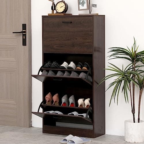 KUMIUNION Shoe Storage Cabinet with 3 Flip Drawers, Freestanding Storage Racks for Entryway Hidden Narrow Shoe Organizers Perfect for Heels, Boots, Slippers, Walnut Brown