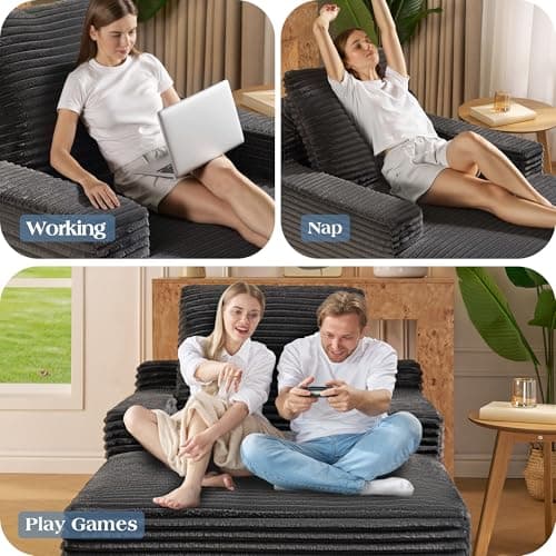 VanAcc 65" Chaise Lounge Sofa, Luxury Corduroy Sleeper Chaise with Armrests and Throw Pillows, No-Assembly Couch for Living Room or Apartment, Gray 6