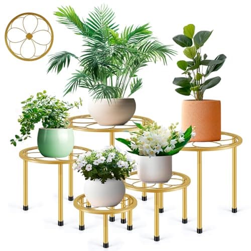 Amaoot 5 Pack Metal Plant Stand, Anti-Rust Iron Plant Stands for Indoor and Outdoor, Heavy Duty Flower Pot Stands for Multiple Plant, Black Potted Plant Holder for Garden Home (5 Pack Gold)