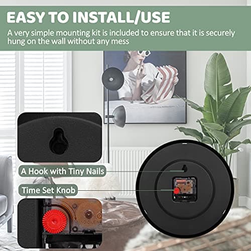 HIPPIH Clock Black Wall Clock Silent Non Ticking Quality Quartz - 10 Inch Round Easy to Read for Home Office & School Decor Clock 5