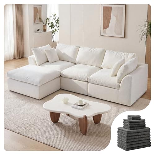 Amsleekey 108" Cloud Sectional Couches, with 1 Extra Washable Cover, L Shaped 25.6" Deep Seat Couch with Ottoman, Oversized Comfy Living Room Sofa, DIY Color Refresh (White Sofa + Gray Cover Set)