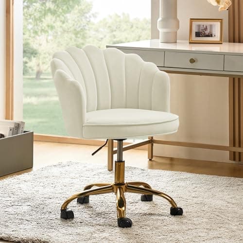 HULALA HOME Velvet Home Office Desk Chair with Gold Base, Adjustable Swivel Task Chair for Vanity, Women's Modern Cute Shell Back Upholstered Design, for Living Room, Ivory