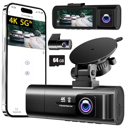 4K Dash Cam Front and Rear Inside,3.16" IPS,3 Channel Dash Cam for Car with 5G WiFi,Free 64GB Card,170° Wide Angle,Loop Recording,G-Sensor,WDR,Night Vision,Time-Lapse,24H Parking Monitor
