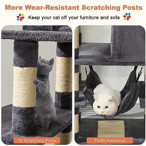 Mdeam Cat Tree 74 Inch Multi-Level Large Cat Tower with 16 Sisal Scratching Posts, 2 Caves, 2 Perches, Hammock, Scratching Board, Basket, Cozy Plush Cat Perches for Indoor Large Cats (Dark Gray) 6